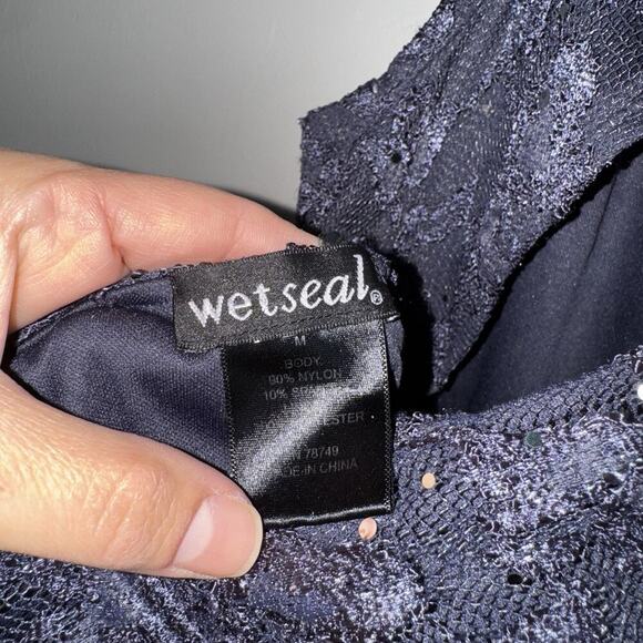 VINTAGE Wet Seal Sequin Lace Mini Dress Womans M Dark Blue Sleeveless Open Back - Picture 3 of 5